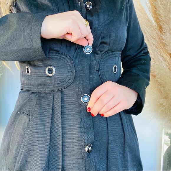 VINTAGE 90s CCC Washed Black Grey Tie Corset Back Button Trench Coat Jacket M - Picture 6 of 10